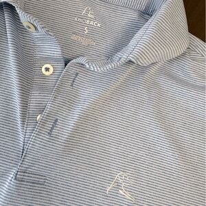 Rhoback Performance Polo - heather light blue and white thin stripes, Small